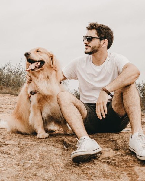 Stock photo of a man sitting outdoors with a golden retriever